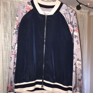 navy blue and floral bomber jacket